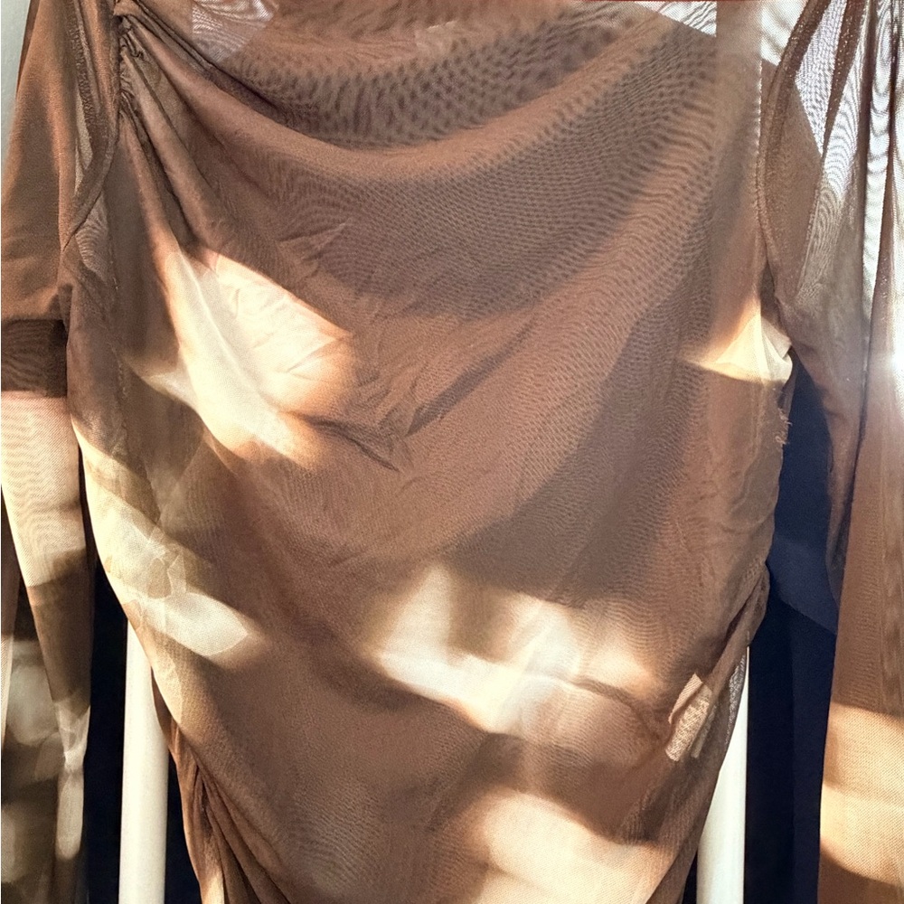 Sheer Brown Long-Sleeve Mesh Top